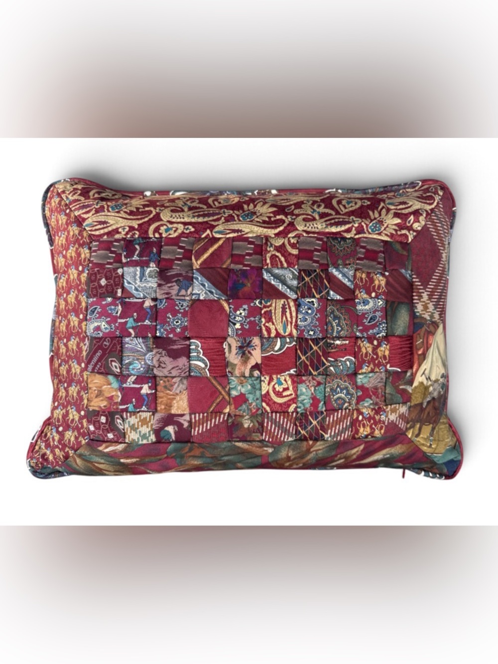 Silk Tie Patchwork Autumn Accent Pillow Plaid Equestrian Horse Skiing Paisley